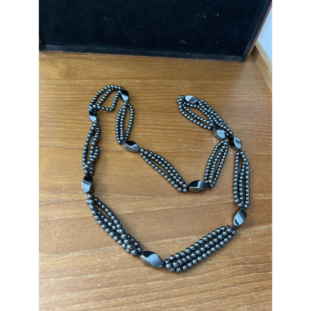 Vintage Hematite Hand Knotted Beaded 3 strand 28" necklace